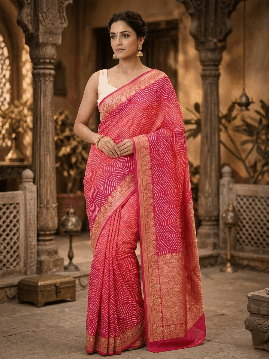 Rani Gulnaar Kadwa Bandhani Saree